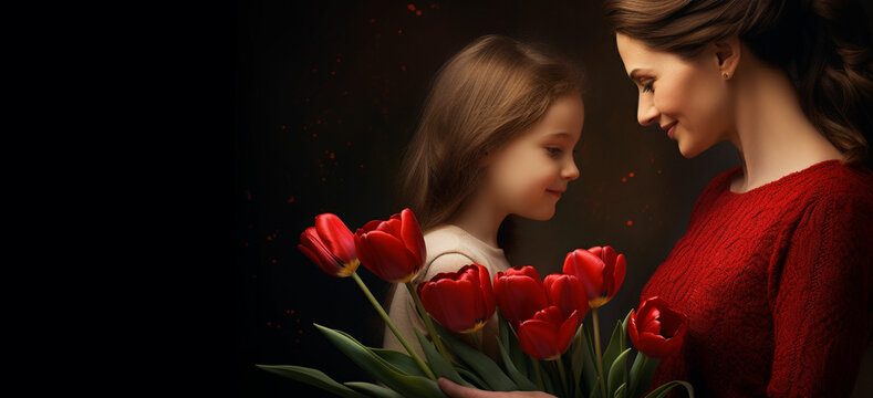 a woman and a little girl are holding red tulips