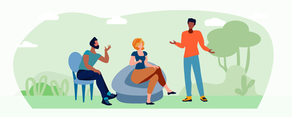 A woman and men are talking against a background of trees and bushes. Discussion.. Dialogues in the park. Environment conservation concept. Vector illustration