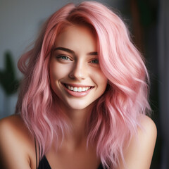 Fototapeta premium Cute smiling girl with pink hair closeup, ai technology