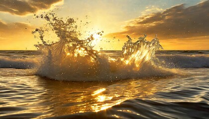 太陽光が差す打ち寄せる波と飛び散る水滴のAI画像 - obrazy, fototapety, plakaty