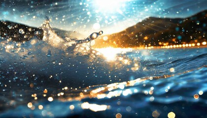 太陽光が差す打ち寄せる波と飛び散る水滴のAI画像