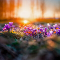 beautiful springtime nature background with purple crocus blooming