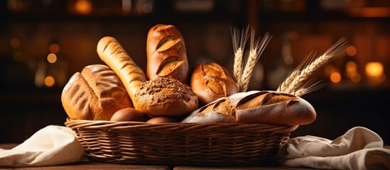 Various breads in the basket on the restaurant table.