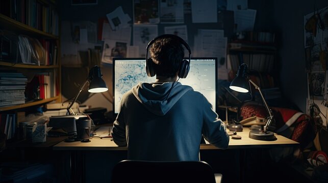 A man sits at a computer in a room at a table at night with programs