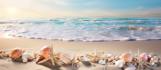 The clear coastal waters display an enchanting scene of sandy beach, seashells, and ocean creatures, providing a peaceful escape.