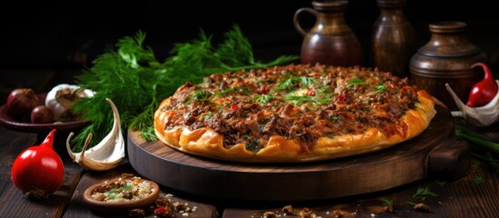 Traditional Turkish meat pie on wooden board. Rustic Balkan minced meat pie on gray table with textile and spices.