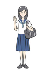 手を上げて挨拶をする夏の制服を着た女子学生