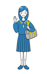 手を上げて挨拶をする制服を着た女子学生（シンプル）