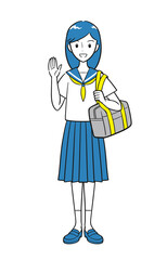 手を上げて挨拶をする夏の制服を着た女子学生（シンプル）