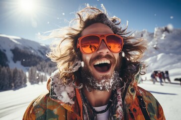 Photography of happy man wear sunglasses spending weekend at ski resort winter holiday concept, Generative AI - obrazy, fototapety, plakaty