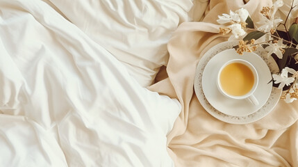 Obraz na płótnie Canvas White bedding with dressing gown. Tray of coffee