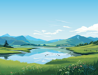 serene landscape beautiful scene evening lake colorful green lush summer mountains forest vector illustration banner
