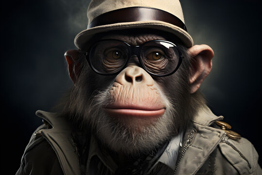 funny studio portrait of monkey wearing sunglasses