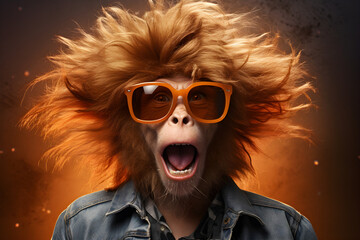 funny studio portrait of monkey wearing sunglasses - obrazy, fototapety, plakaty