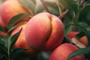 Juicy delicious peaches hanging on a tree