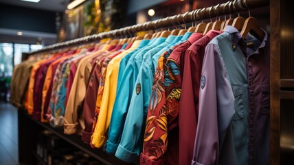 Many colorful shirts hang in a row on hangers in a retail store.