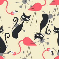 1950s Mid Century Modern Atomic Flamingos, Black Cats, Cosmic Starbursts seamless pattern. Retro fifties vector background - 690004267