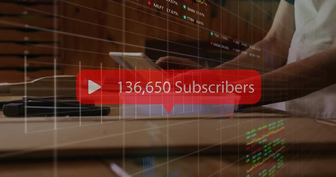 Animation of subscriber text with numbers, woman using smartphone and financial data processing