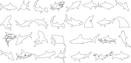 Illustration Vectorielle de Contours de Requins: Plongez dans les profondeurs avec cette illustration vectorielle frappante, présentant une variété de contours de requins dans des poses dynamiques.
