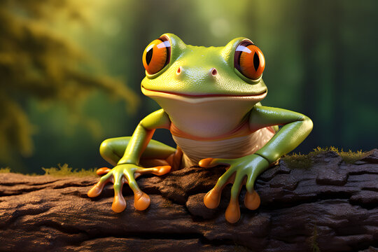 3D rendered studio portrait of cute tree frog on log