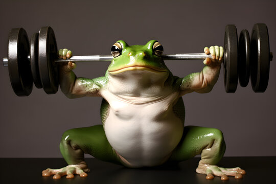3D rendered funny studio portrait of frog weighlighting