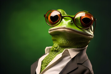 3D rendered funny studio portrait of frog wearing glasses - obrazy, fototapety, plakaty