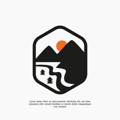 Mountain landscape adventure logo vector template in flat design style on white background