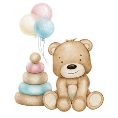 Baby's toys. Wooden pyramid, air balloons and teddy bear. Watercolor illustration. Isolated. Clipart for kids goods, kid's shop, cards, baby shower, children's room and toy