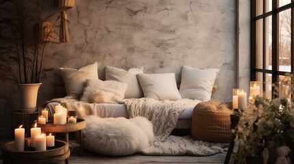 An artistic shot capturing the soft textures and cozy elements in the Scandinavian Chic Resting Place, emphasizing the hygge-inspired ambiance and the comfort of the resting space.