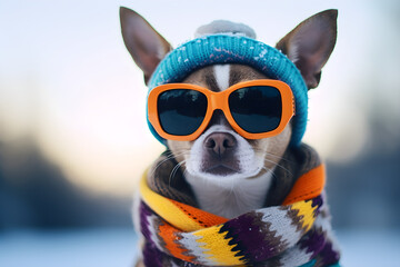 funny winter portrait of dog wearing woolly hat - obrazy, fototapety, plakaty