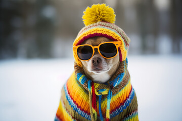 funny winter portrait of dog wearing woolly hat