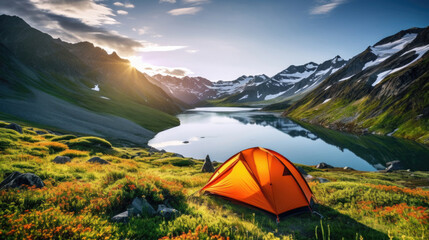 Lonely camping tent in the mountains on the shore of a lake in the summer