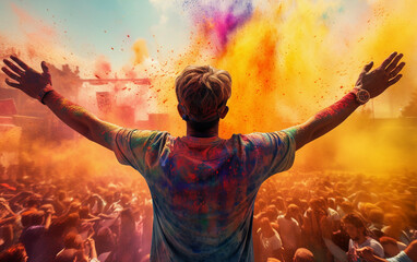 Young man at holi paints festival. Many people throw up orange holi powder. Holi festival of colors