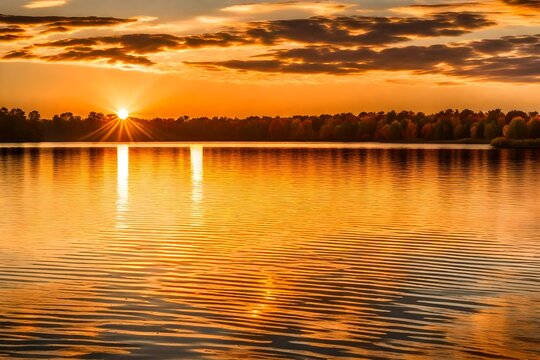 Golden sunset on the lake captured in a mesmerizing stock photo, showcasing the reflective waters of a Minnesota lake bathed in warm hues, the sun setting behind the horizon