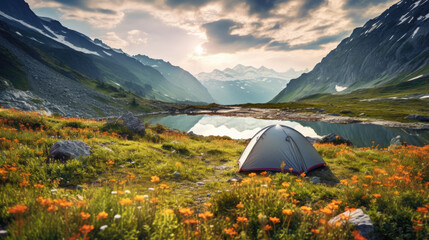 Lonely camping tent in the mountains on the shore of a lake in the summer - Powered by Adobe