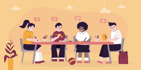 Cute little children playing and learning in kindergarten or primary school. Multiethnic kids sitting at table reading, playing games. Creative children classmates in classroom