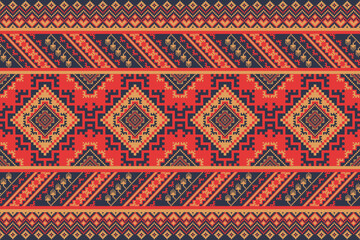 Aztec Kilim geometric border pattern. Vector Aztec geometric shape seamless pattern embroidery pixel art style. Ethnic geometric pattern use for textile border, tablecloth, table runner, carpet, etc.