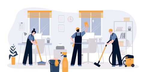 Professional office cleaning services. Male and female characters, cleaning company staff picking up trash, washing window and floor. Office room interior, - obrazy, fototapety, plakaty