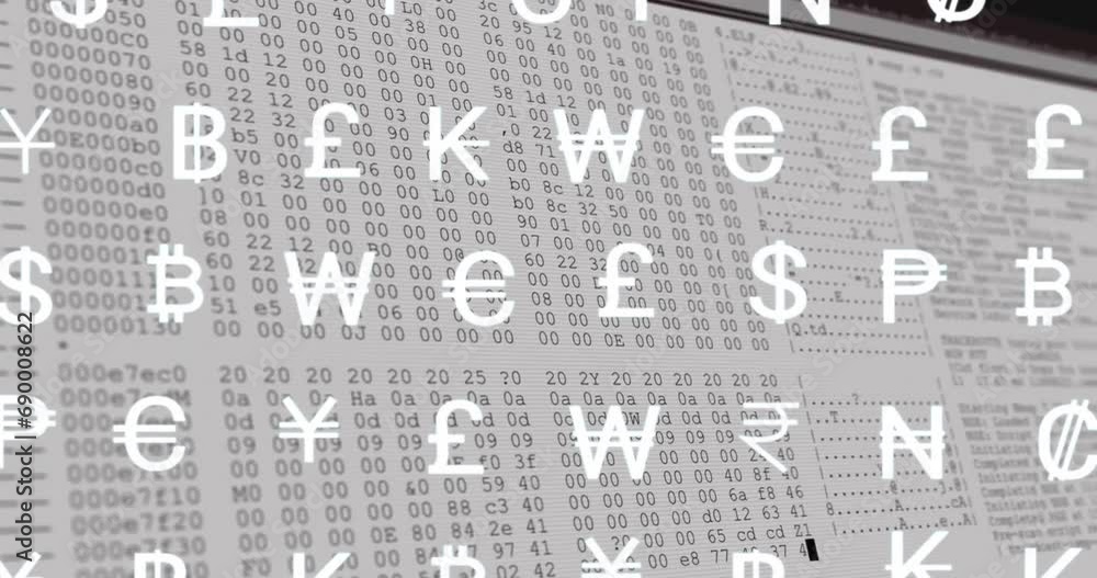 Poster animation of financial data processing and currency symbols over screen