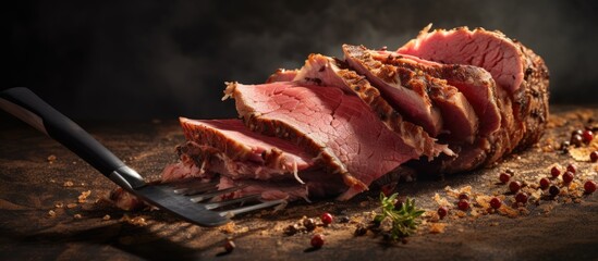 Salt and pepper-seasoned roast beef pastrami slices folded with a big fork.