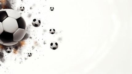 Wallpaper with soccer balls, white background with copy space. Sports template. Banner for birthday cards, invitations, football-themed advertisements.