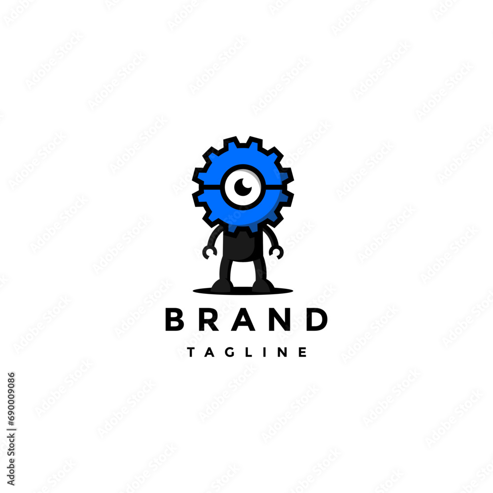 Wall mural simple bot gear logo design. cute blue gear bot mascot logo.