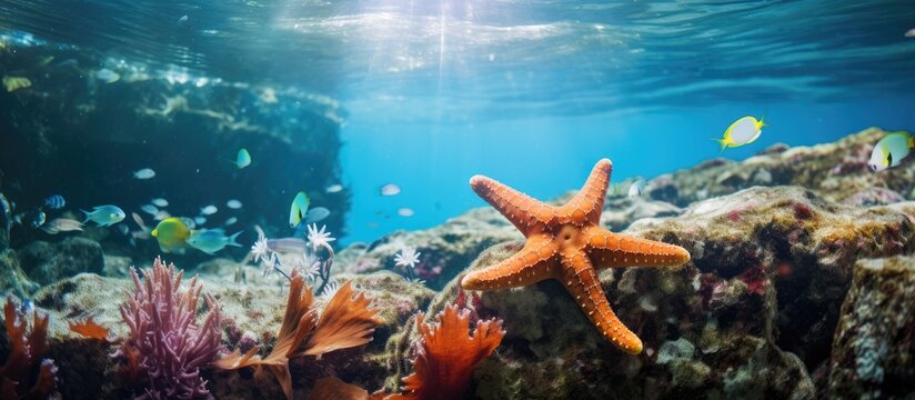 Underwater photography of marine life, including red starfish, sea grass, and swimming fish. Travel picture capturing wildlife in the ocean during an underwater adventure.