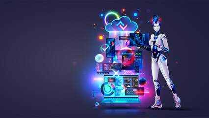 AI online bot software development. Robot woman with AI with laptop in hand. Artificial intelligence technology. Technology of Software development concept. Programming, coding with help AI chatbot.
