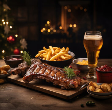 Beer being poured into glass with gourmet steak and french fries on christmas background