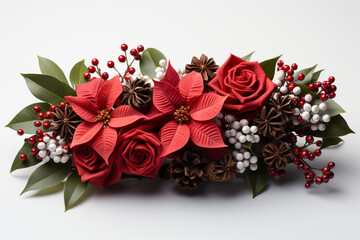 Christmas tree branches and red poinsettia flower in a holiday line arrangement isolated on white or transparent background 4k, 8k, 16k, full ultra hd, high resolution and cinematic photography