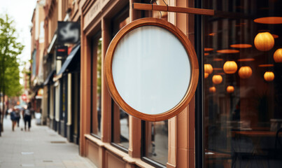 Blank circular storefront signboard with wooden frame hanging on a modern shop facade, ready for branding and mock-up design in an urban setting - obrazy, fototapety, plakaty