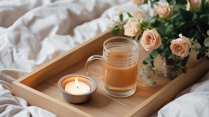 Wooden tray with coffee and warm plaid on white bed