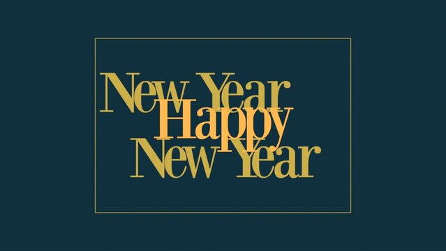 Modern Happy New Year text in frame on blue gradient, motion abstract winter holidays, minimalism and promo style background
