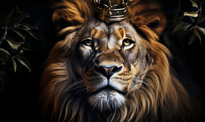 Fototapeta premium Majestic lion with a royal crown, symbolizing power and nobility, isolated on a black background with a regal and intense gaze